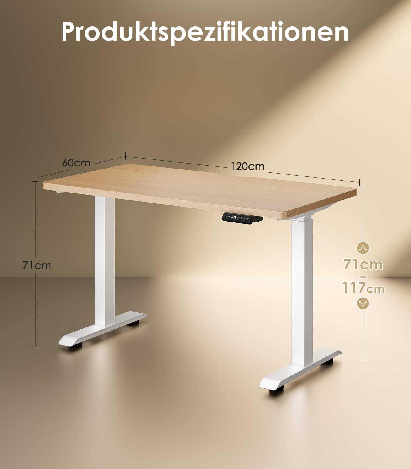 OffiGo Höhenverstellbarer Schreibtisch 120x60 cm, 25 mm Platte, 2 Motoren, USB-Anschluss, 3 Memory-Funktionen, elektrisch, Eiche