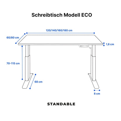 Standable ECO Höhenverstellbarer Schreibtisch 160x80 cm, elektrisch, 3 Speicherstufen, höhenverstellbar 70-115 cm, 1,8 cm Platte