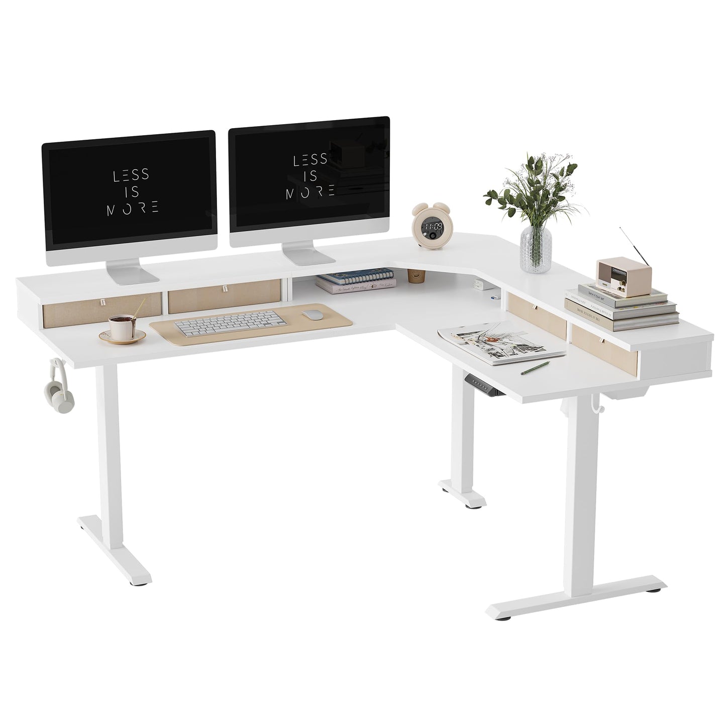 FEZIBO L-förmiger Stehschreibtisch 160 cm, Einzelmotor, 4 Schubladen, weißer Rahmen & Tischplatte, elektrisch höhenverstellbar