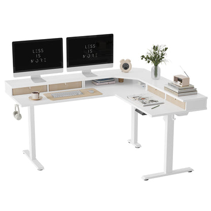FEZIBO L-förmiger Stehschreibtisch 160 cm, Einzelmotor, 4 Schubladen, weißer Rahmen & Tischplatte, elektrisch höhenverstellbar