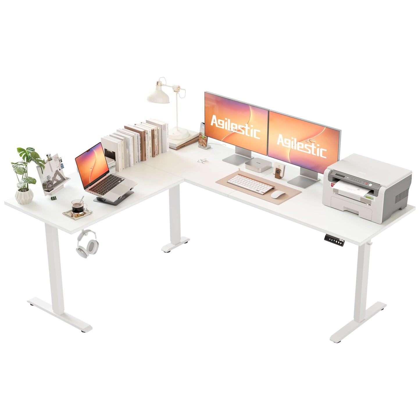 Agilestic L-förmiger Schreibtisch 190x155 cm, höhenverstellbar, ergonomisch, Steh-Sitz-Funktion, ideal für Eckräume, weiß