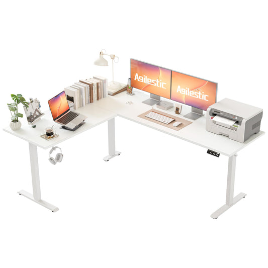 Agilestic L-förmiger Schreibtisch 190x155 cm, höhenverstellbar, ergonomisch, Steh-Sitz-Funktion, ideal für Eckräume, weiß