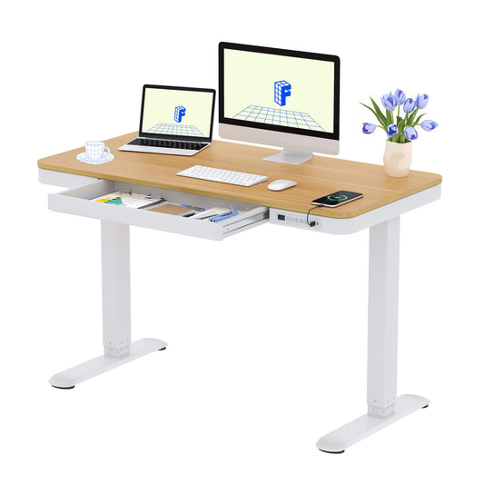 FLEXISPOT Höhenverstellbarer Schreibtisch 120x60 cm, LED-Höhenanzeige, Memory-Funktion, USB, Schublade, elektrisch, Naturahorn