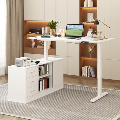 Caldion L-förmiger höhenverstellbarer Schreibtisch 74-112 cm, elektrisch, mit Kommode und offenen Ablagen, weiß