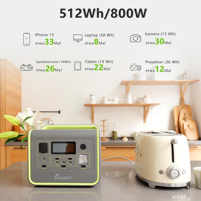 FOSSiBOT Powerstation 512Wh + 200W Solarpanel, LiFePO4, 800W/1600W, 1,5h Schnellladung, 230V Sinus, Camping & Wohnmobile