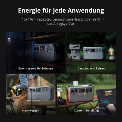 DJI Power 1000 V2 Powerstation 1024Wh LiFePO4, 2600W Solar, kompakt, 0–80% in 37 Min. Schnellladung, Camping & Zuhause