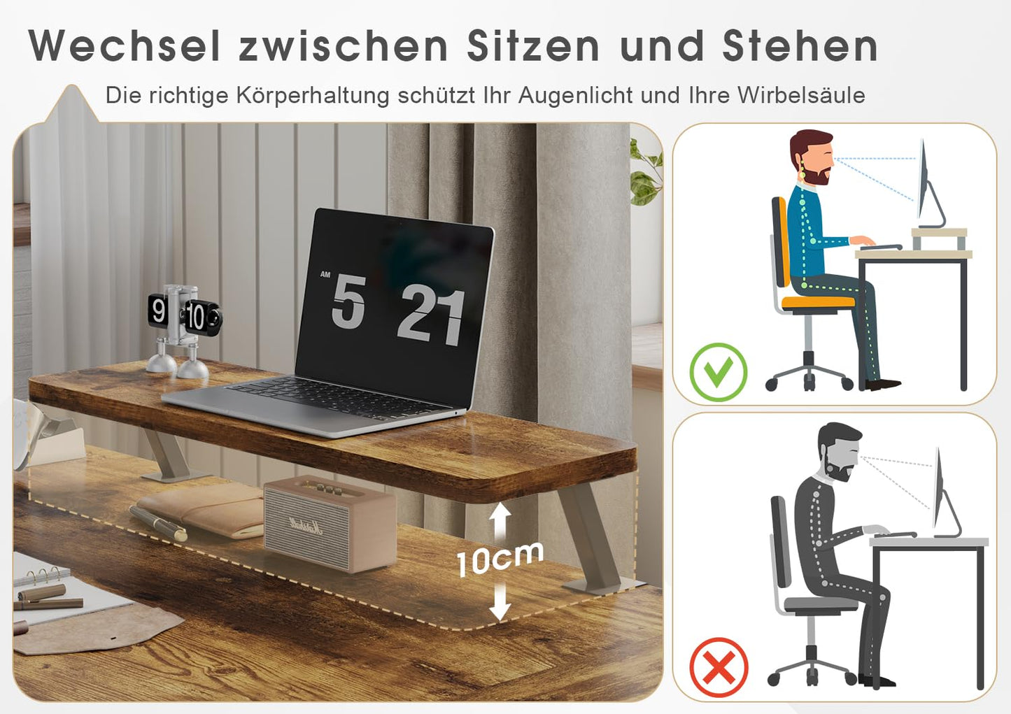 Devoko L-förmiger Schreibtisch 160x140 cm, elektrisch höhenverstellbar, ergonomischer Steh-Sitz-Tisch, Eckschreibtisch, Vintage Braun