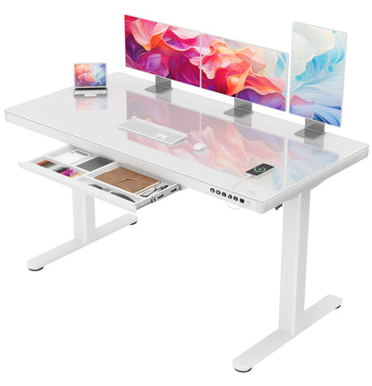 Homall Glas Schreibtisch 140x70 cm, elektrisch höhenverstellbar, mit Schublade, Sitz-Steh-Funktion, ideal fürs Home Office, weiß