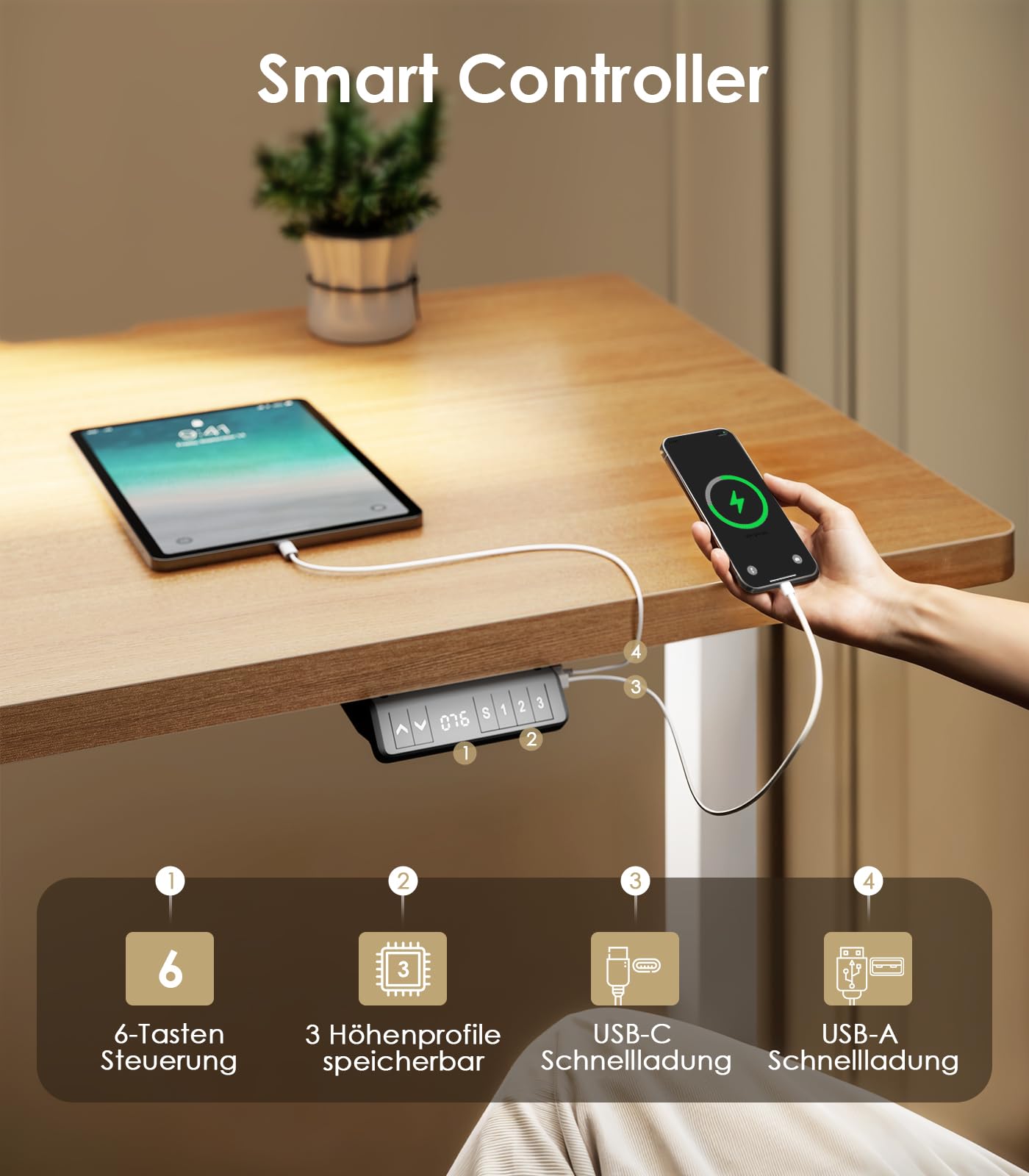 OffiGo Höhenverstellbarer Schreibtisch 120x60 cm, 25 mm Platte, 2 Motoren, USB-Anschluss, 3 Memory-Funktionen, elektrisch, Eiche