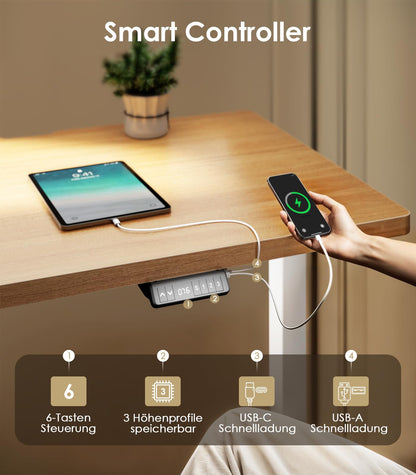 OffiGo Höhenverstellbarer Schreibtisch 120x60 cm, 25 mm Platte, 2 Motoren, USB-Anschluss, 3 Memory-Funktionen, elektrisch, Eiche