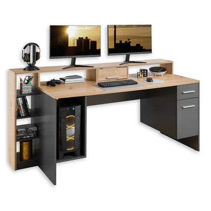 Stella Trading HIGHSCORE 4 Gaming Tisch 182x92x70 cm, Artisan Eiche Optik, grau, mit Schublade & LED-Beleuchtung