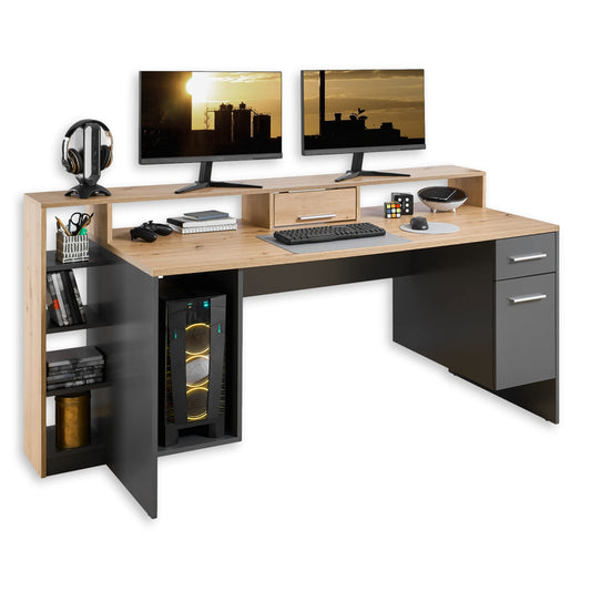 Stella Trading HIGHSCORE 4 Gaming Tisch 182x92x70 cm, Artisan Eiche Optik, grau, mit Schublade & LED-Beleuchtung