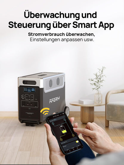 AFERIY 3600W Solargenerator 3840Wh LiFePO4 Powerstation – 3×230V AC, USV, 2200W Schnellladung, tragbar für Camping & Reisen