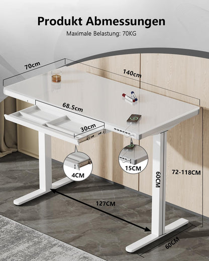 Homall Glas Schreibtisch 140x70 cm, elektrisch höhenverstellbar, mit Schublade, Sitz-Steh-Funktion, ideal fürs Home Office, weiß