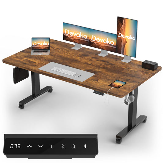 Devoko Höhenverstellbarer Schreibtisch 180x80 cm, 2 Motoren, 25 mm Platte, Kabelmanagement, elektrisch, Vintagebraun, ergonomisch