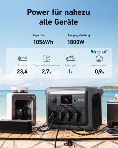 Anker SOLIX C1000 Powerstation Set mit 400W Solarpanel, 1800W/2400W, 4×230V, LFP Akku, tragbarer Solargenerator für Camping & Outdoor