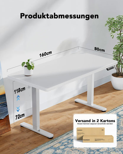 HUANUO Höhenverstellbarer Schreibtisch 160x80 cm, 25 mm Tischplatte, bürstenloser Motor, elektrisch, ergonomisch, einfache Montage, Homeoffice