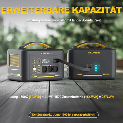 VTOMAN Jump 1500X Powerstation 828Wh/1500W + 200W Solarpanel, LiFePO4, erweiterbar 2376Wh, Camping & Notstrom