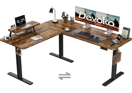 Devoko L-förmiger Schreibtisch 160x140 cm, elektrisch höhenverstellbar, ergonomischer Steh-Sitz-Tisch, Eckschreibtisch, Vintage Braun