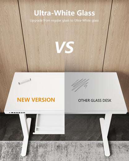 Homall Glas Schreibtisch 140x70 cm, elektrisch höhenverstellbar, mit Schublade, Sitz-Steh-Funktion, ideal fürs Home Office, weiß