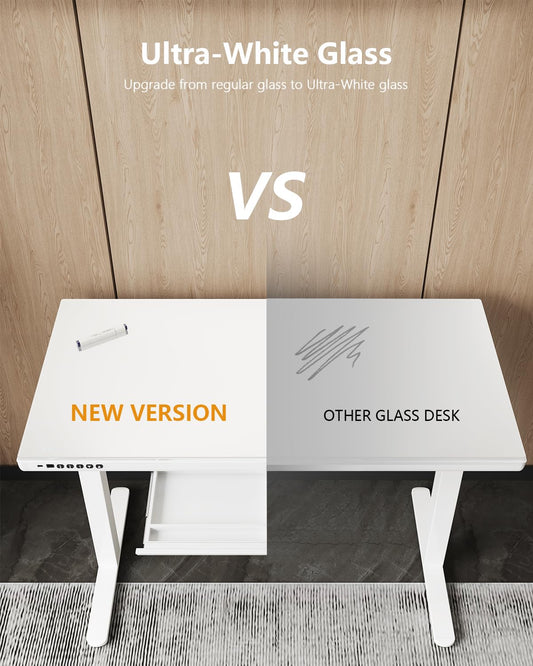 Homall Glas Schreibtisch 140x70 cm, elektrisch höhenverstellbar, mit Schublade, Sitz-Steh-Funktion, ideal fürs Home Office, weiß