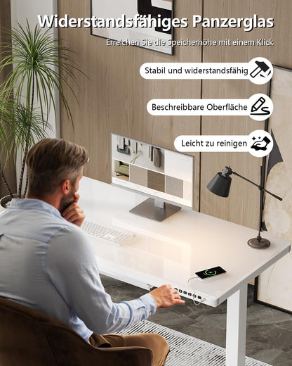 Homall Glas Schreibtisch 140x70 cm, elektrisch höhenverstellbar, mit Schublade, Sitz-Steh-Funktion, ideal fürs Home Office, weiß