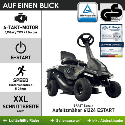 BRAST® Benzin Rasentraktor Aufsitzmäher | 5,15kW(7PS) | Elektrostart | XXL Schnittbreite 61cm | TÜV geprüft | Variable Geschwindigkeit | 150L Fangkorb | für mittlere bis große Rasenflächen