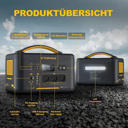 VTOMAN Jump 1500X Powerstation 828Wh/1500W + 200W Solarpanel, LiFePO4, erweiterbar 2376Wh, Camping & Notstrom