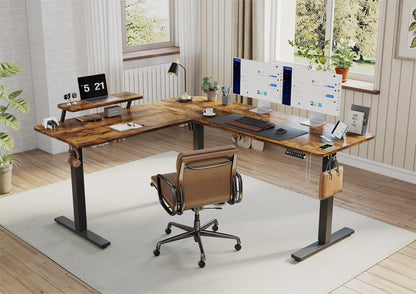 Devoko L-förmiger Schreibtisch 160x140 cm, elektrisch höhenverstellbar, ergonomischer Steh-Sitz-Tisch, Eckschreibtisch, Vintage Braun