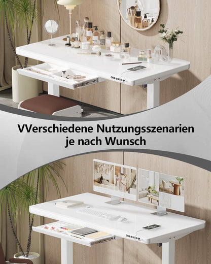 Homall Glas Schreibtisch 140x70 cm, elektrisch höhenverstellbar, mit Schublade, Sitz-Steh-Funktion, ideal fürs Home Office, weiß