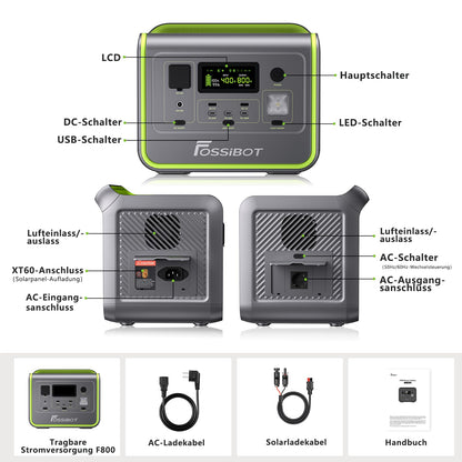 FOSSiBOT Powerstation 512Wh + 200W Solarpanel, LiFePO4, 800W/1600W, 1,5h Schnellladung, 230V Sinus, Camping & Wohnmobile