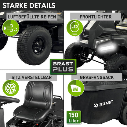 BRAST® Benzin Rasentraktor Aufsitzmäher | 5,15kW(7PS) | Elektrostart | XXL Schnittbreite 61cm | TÜV geprüft | Variable Geschwindigkeit | 150L Fangkorb | für mittlere bis große Rasenflächen