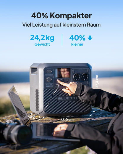 BLUETTI Elite 200 V2 Powerstation 2073Wh LFP mit Charger 1, 2×2600W AC, 560W Autoladung, ideal für Reisen & Notstrom