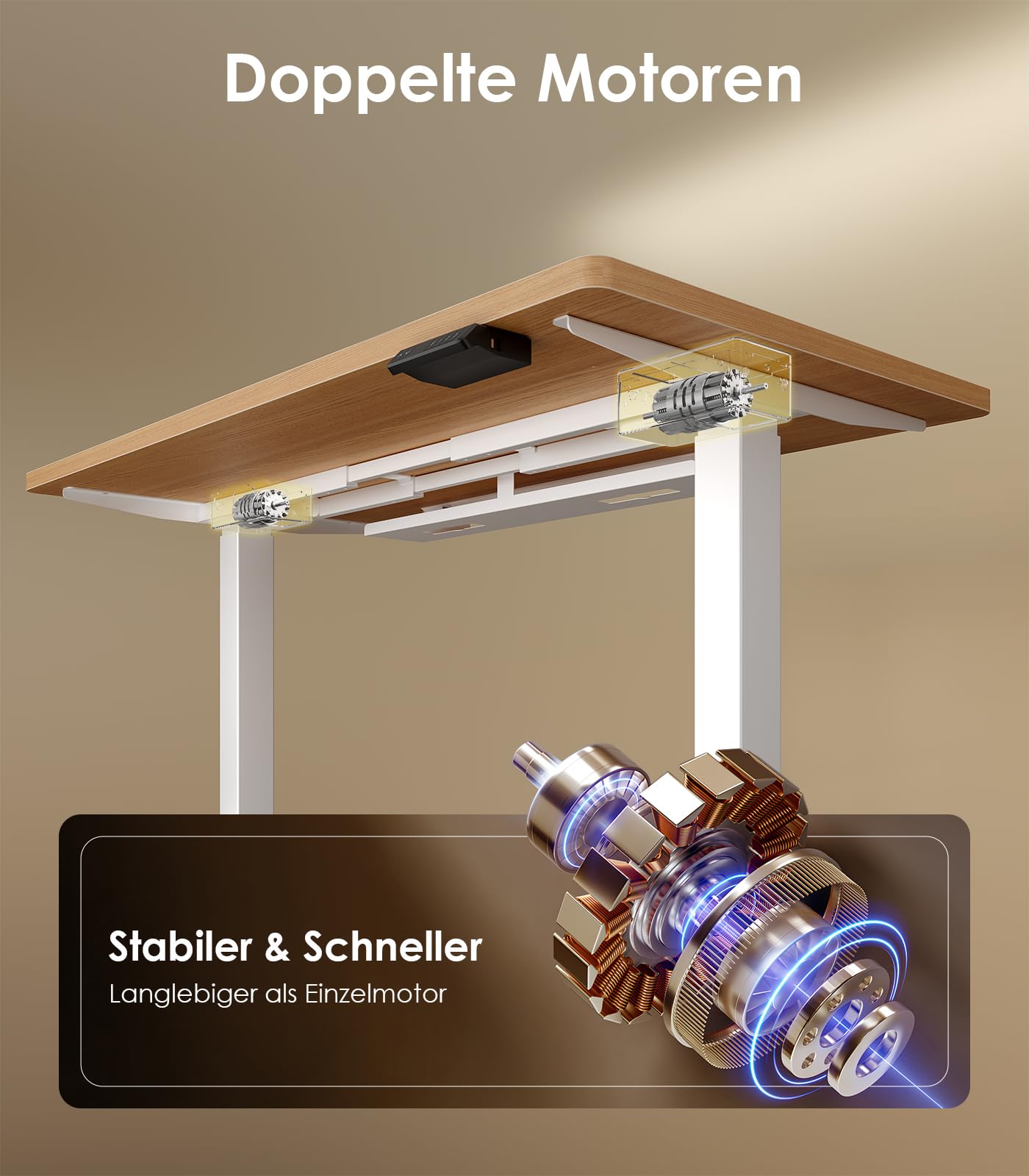 OffiGo Höhenverstellbarer Schreibtisch 120x60 cm, 25 mm Platte, 2 Motoren, USB-Anschluss, 3 Memory-Funktionen, elektrisch, Eiche