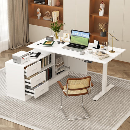 Caldion L-förmiger höhenverstellbarer Schreibtisch 74-112 cm, elektrisch, mit Kommode und offenen Ablagen, weiß