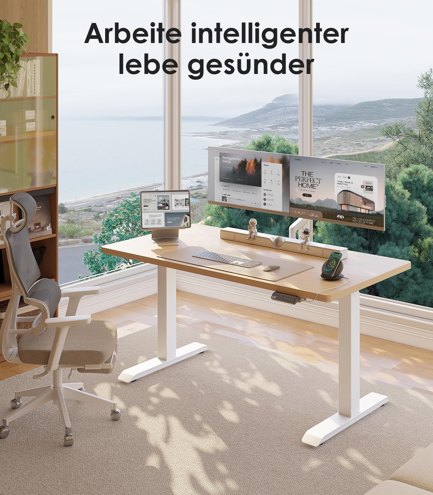 OffiGo Höhenverstellbarer Schreibtisch 120x60 cm, 25 mm Platte, 2 Motoren, USB-Anschluss, 3 Memory-Funktionen, elektrisch, Eiche