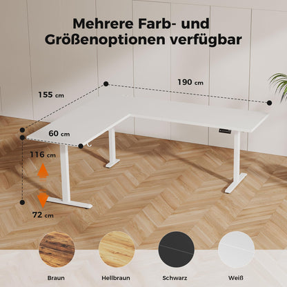 Agilestic L-förmiger Schreibtisch 190x155 cm, höhenverstellbar, ergonomisch, Steh-Sitz-Funktion, ideal für Eckräume, weiß