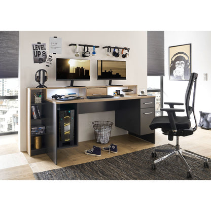 Stella Trading HIGHSCORE 4 Gaming Tisch 182x92x70 cm, Artisan Eiche Optik, grau, mit Schublade & LED-Beleuchtung