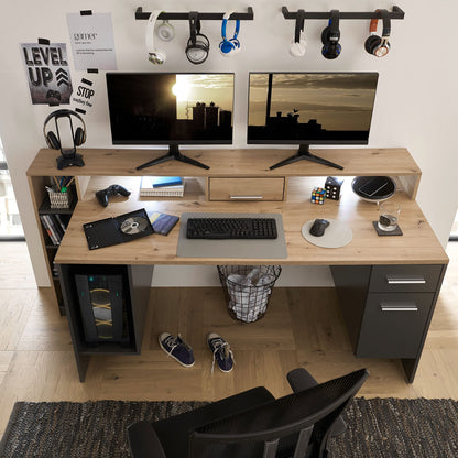 Stella Trading HIGHSCORE 4 Gaming Tisch 182x92x70 cm, Artisan Eiche Optik, grau, mit Schublade & LED-Beleuchtung